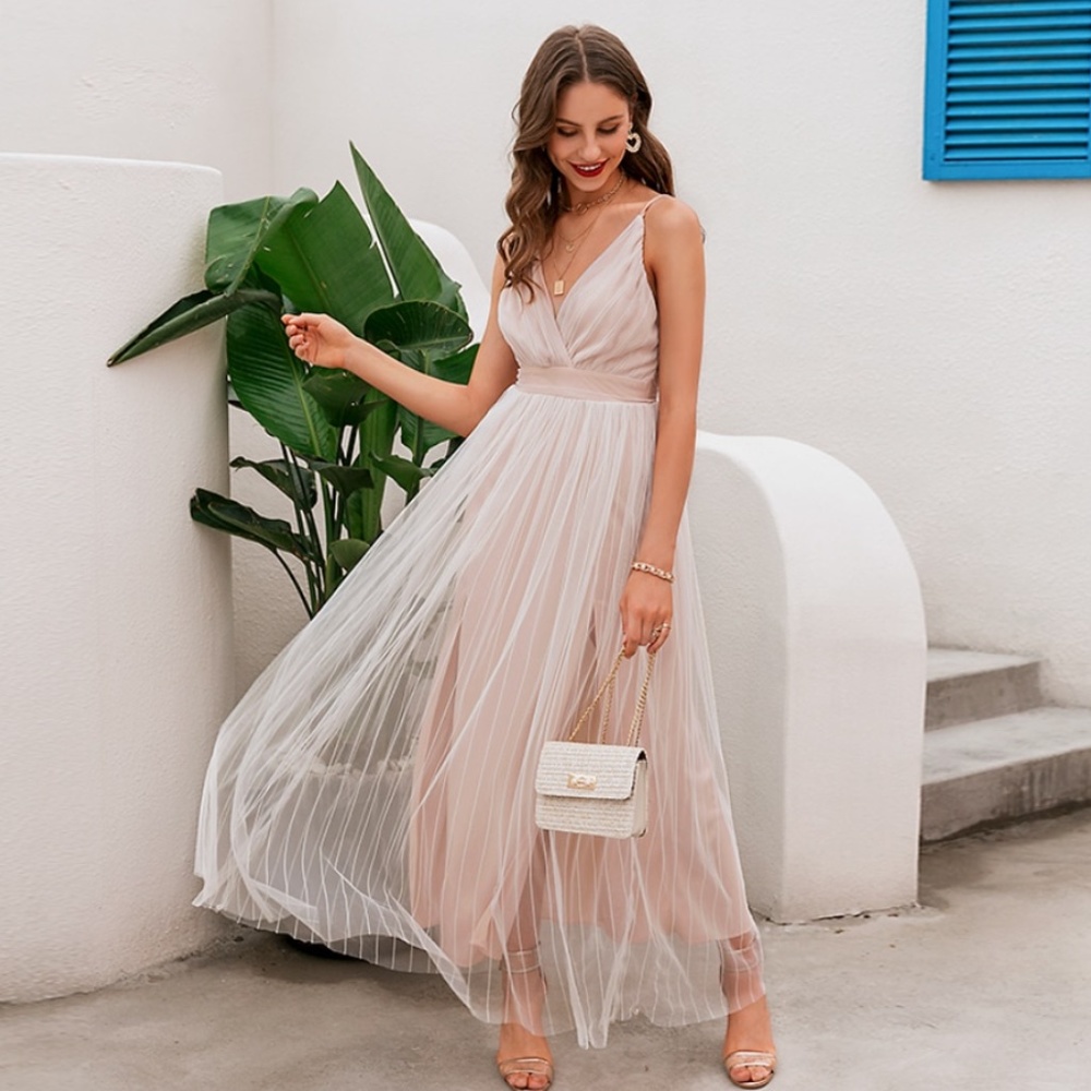 Beige Mesh Overlay High Slit Cami Dress
